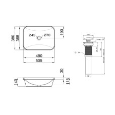 Комплект Qtap Scorpio: Раковина врезная прямоугольная 500х380х145 мм White + Донный клапан PU02