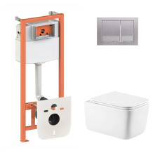 Комплект: Qtap Gemini Ultra Quiet унитаз подвесной QT2533076EUQW + Nest комплект инсталляции 4в1 (Клавиша квадратная Satin) QT0133M425+QT0111M06029SAT