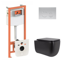 Комплект: Qtap Gemini Ultra Quiet унитаз подвесной QT2533076EUQMB + Nest комплект инсталляции 4в1 (Клавиша круглая Satin) QT0133M425 + QT0111M11111SAT