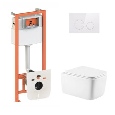 Комплект: Qtap Gemini Ultra Quiet унитаз подвесной QT2533076EUQW + Nest комплект инсталляции 4в1 (Клавиша круглая White) QT0133M425 + QT0111M11110W