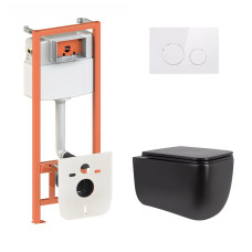 Комплект: Qtap Gemini Ultra Quiet унитаз подвесной QT2533076EUQMB + Nest комплект инсталляции 4в1 (Клавиша круглая White) QT0133M425 + QT0111M11110W