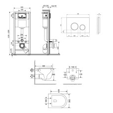 Комплект: Qtap Taurus Ultra Quiet унитаз подвесной QT2433084EUQMB + Nest комплект инсталляции 4в1 (Клавиша круглая Satin) QT0133M425 + QT0111M11111SAT
