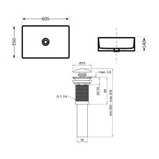 Комплект Qtap Tern: Раковина накладная прямоугольная 605x350x140 мм WHITE + Донный клапан PU02