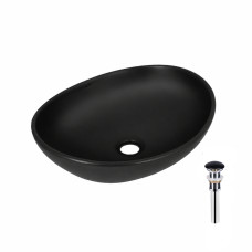 Комплект Qtap Dove: Раковина накладная овальная 410x335x145 мм Matt Black + Донный клапан PU03