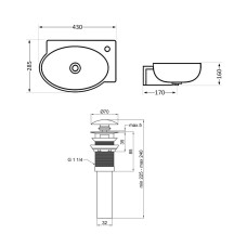 Комплект Qtap Leo: Раковина подвесная овальная правая 430x290x140 мм White + Донный клапан PU02O