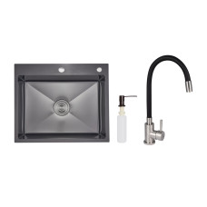 Акційний набір Lidz: мийка інтегрована Decor Black PVD Honeycomb 2,5/0,5 мм + Змішувач Aria для кухні з гнучким виливом (k35) Black
