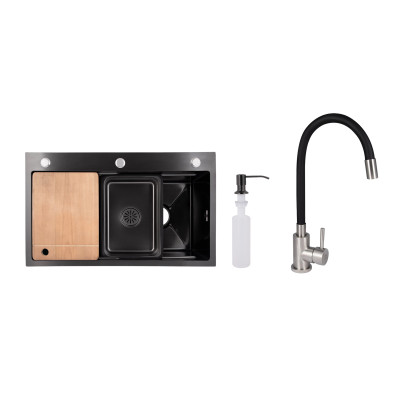 Акционный набор Lidz: мойка интегрированная Decor Black PVD Honeycomb 3,0/1,0 мм + Смеситель Aria для кухни с гибким изливом (k35) Black