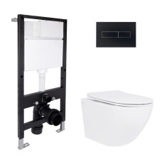 Готовое решение Qtap для ванной комнаты: подвесной унитаз Jay Ultra Quiet 485x360x320 + комплект инсталляции Standard (линейная кнопка Black)