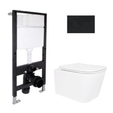 Готовое решение Qtap для ванной комнаты: подвесной унитаз Crow Rimless 485x340x330 + комплект инсталляции Standard (круглая кнопка Black)