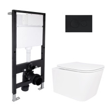 Готовое решение Qtap для ванной комнаты: подвесной унитаз Crow Ultra Quiet 485x340x290 + комплект инсталляции Standard (круглая кнопка Black)