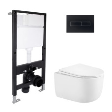 Готовое решение Qtap для ванной комнаты: подвесной унитаз Taurus Ultra Quiet 485x360x350 + комплект инсталляции Standard (линейная кнопка Black)