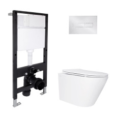 Готовое решение Qtap для ванной комнаты: подвесной унитаз Swan Ultra Quiet 520x360x320 + комплект инсталляции Standard (линейная кнопка Chrome)