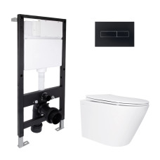 Готовое решение Qtap для ванной комнаты: подвесной унитаз Swan Ultra Quiet 485x360x320 + комплект инсталляции Standard (линейная кнопка Black)
