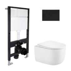 Готовое решение Qtap для ванной комнаты: подвесной унитаз Taurus Ultra Quiet 485x360x350 + комплект инсталляции Standard (круглая кнопка Black)