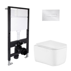 Готовое решение Qtap для ванной комнаты: подвесной унитаз Gemini Ultra Quiet 485x340x350 + комплект инсталляции Standard (линейная кнопка Chrome)