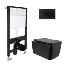 Готовое решение Qtap для ванной комнаты: подвесной унитаз Gemini Ultra Quiet 520x360x350 + комплект инсталляции Standard (линейная кнопка Black)