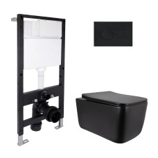 Готовое решение Qtap для ванной комнаты: подвесной унитаз Gemini Ultra Quiet 520x360x350 + комплект инсталляции Standard (круглая кнопка Black)