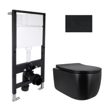 Готовое решение Qtap для ванной комнаты: подвесной унитаз Taurus Ultra Quiet 515x360x350 + комплект инсталляции Standard (круглая кнопка Black)
